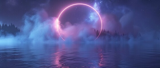 The image is a circle frame with a dark starry background, blue neon light glow, and purple smoke under waves of calm water. Light-emitting LED ring border rendered in a realistic vector style.