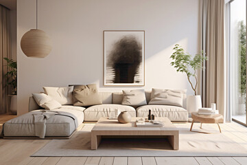 A minimalist living room with a neutral color palette, featuring clean lines, natural light, and cozy textures.