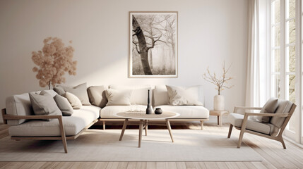 A minimalist living room with Scandinavian influence, featuring a neutral color palette and sleek furniture for a clean and sophisticated look