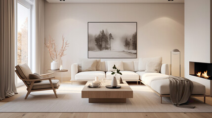 A minimalist living room with Scandinavian influence, featuring a neutral color palette and sleek furniture for a clean and sophisticated look