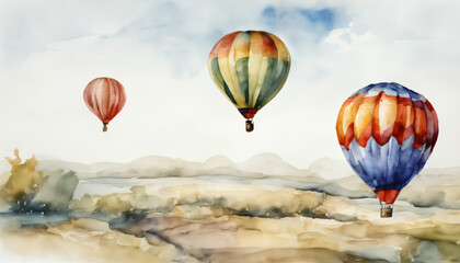 Watercolor Hot Air Balloons Over Landscape