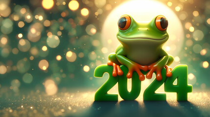 Leap day, one extra day, Leap year 29 February 2024 greeting card. Cute Green Frog Posing with 2024 Numbers on bokeh background.