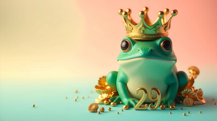 Green frog with the golden crown on the pastel background. 29 february leap year day concept - obrazy, fototapety, plakaty