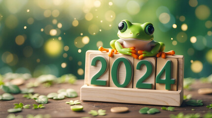 Leap day, one extra day, Leap year 29 February 2024 greeting card. Cute Green Frog Posing with 2024 Numbers on bokeh background.