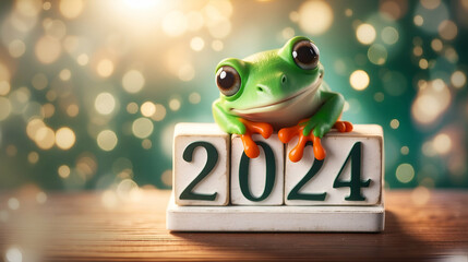 Leap day, one extra day, Leap year 29 February 2024 greeting card. Cute Green Frog Posing with 2024 Numbers on bokeh background.