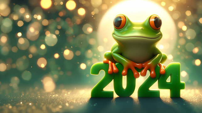 Leap day, one extra day, Leap year 29 February 2024 greeting card. Cute Green Frog Posing with 2024 Numbers on bokeh background.