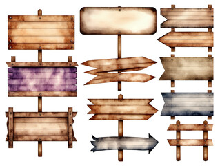 Watercolor wooden signboard set transparent background