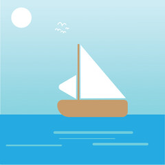 blue sea background with waves and boat.  Vector Illustration