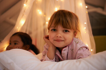 Bedroom, lights and portrait of children at night for resting, relaxing and dreaming in home....