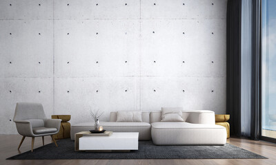 Fototapeta na wymiar Modern interior of living room with cozy sofa and concrete wall background. 3d rendering