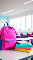 Pink school bag and stack of books with free space for text at the blurred classroom background , education, online and offline study