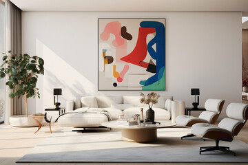 A minimalist living space with an empty white frame against a wall adorned with a captivating, abstract mural, surrounded by clean-lined furniture and subtle hints of colorful accents.