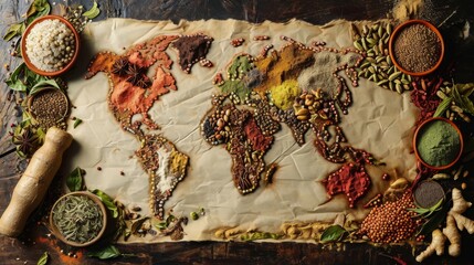 World map made of spices and herbs. All continents of the food world