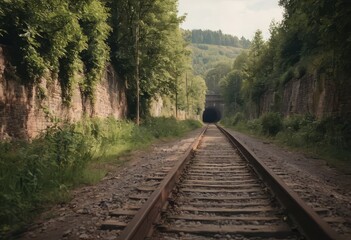 Fototapeta premium Rusty train tracks lead into a dark tunnel in a desaturated landscape