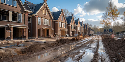 Fototapeta na wymiar construction site of a new Dutch Suburban area with modern family houses, newly built modern family homes in the Netherlands Construction site of local homes, Construction site of local family house