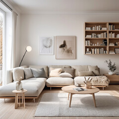 A minimalist Nordic living room with a focus on functionality, featuring smart storage solutions, modular furniture, and a neutral color palette for a clutter-free environment.