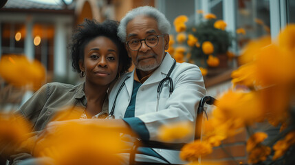 Help, support and wheelchair with nurse and old man for disability, rehabilitation or healing. Retirement, physiotherapy, and healthcare with patient and black woman nursing home for medical caregiver