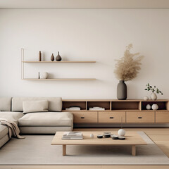 A minimalist Nordic living room with a focus on functionality, featuring smart storage solutions, modular furniture, and a neutral color palette for a clutter-free environment.