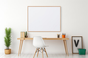 A minimalist office interior featuring a blank white empty frame against a sleek, modern backdrop, mockup, simple, colorful.