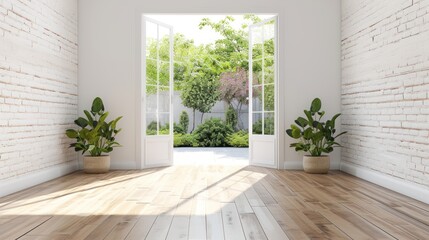 Modern contemporary white loft empty room with open door to garden 
