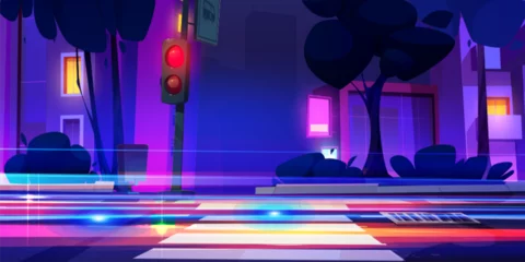  City night landscape with neon glowing speed car motion lights, sidewalk, cross zebra on road and traffic light. Cartoon dark purple cityscape with pedestrian, highway with vehicle fast movement trail © klyaksun