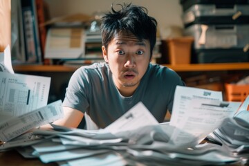 Stressed Asian man with paperwork at home