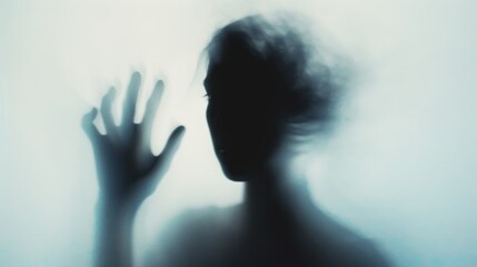Woman silhouette on blue background. Blurred human hand shape out of focus. Mysterious female portrait.
