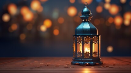 Fototapeta premium Ornamental arabic lantern with burning candle glowing at night. muslim holy month ramadan kareem ai generated