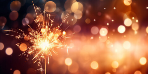 Fototapeta premium Radiant New Year: Sparkler Igniting with Shimmering Sparks Against a Festive Silvester Party Background
