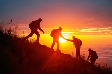 teamwork tourists go up hill sunrise