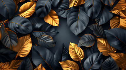 Beautiful background with exotic black and gold leaves, copy  space, generative ai