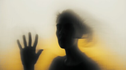 Woman silhouette on yellow background. Blurred human hand shape out of focus. Mysterious female portrait.