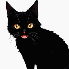 Black cat isolated on a white background. Evil look, anime style
