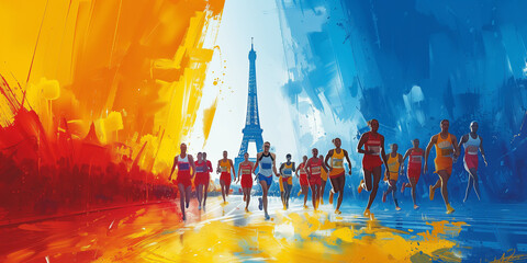 minimalistic line quality design graphic of the summer Olympic games PARIS, background, Olympic games, The 2024 Summer Olympics. Paris 2024 with eiffel tower and runners