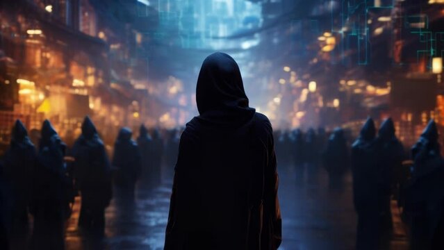 A person wearing a black cloak and engulfed in a digital rain standing a the rows of holographic vendors in a crowded cyberpunk art