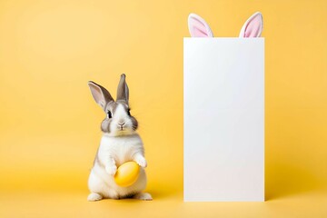 Cute easter bunny holding an egg along with an empty white banner mockup on yellow background