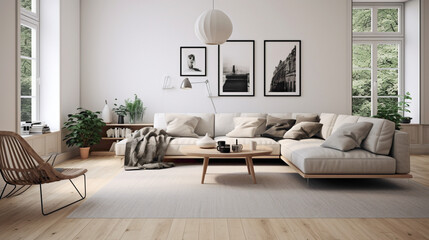 A minimalist Scandinavian living room with white walls, light wood floors, and a curated selection of design pieces, creating a serene and uncluttered environment.