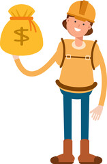 Woman Mountaineer Character Holding Dollar Sack
