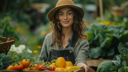 Vegetable farmer arrange freshly picked produce tomatoes into a crate on an organic farm. Self-sustainable female farmer gathering a variety of fresh vegetables in her garden during harvest season