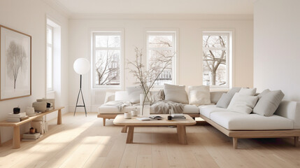 A minimalist Scandinavian living room with white walls, light wood floors, and a few carefully selected decor items, exuding a sense of purity and calmness.