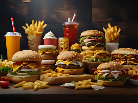 a table topped with different types of fast food, super realistic food picture