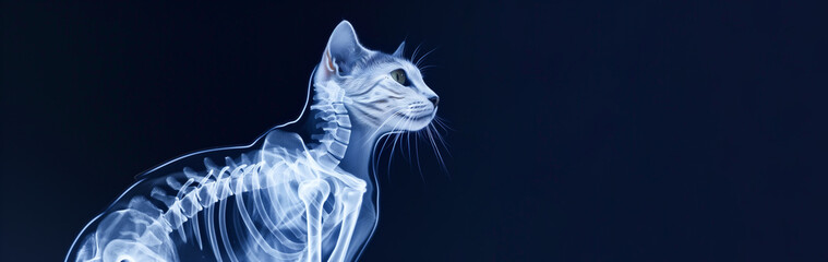 Banner Radiographs, X Ray Picture With Cat's Skeleton for Treatment and Diagnosis. Space For Text. Animal Hospitals, Vet. Pet Scan. AI Generated. Positron Emission Tomography Mockup - obrazy, fototapety, plakaty