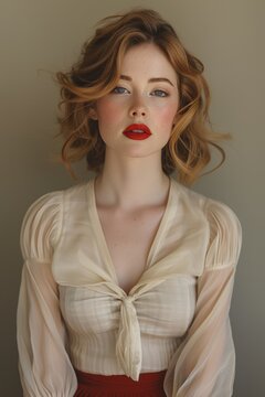 Woman Pose against Beige Background - Vintage Hairstyle Reminiscent of the Mid 20th Century her Hair in Waves, Makeup is Classic with Prominent Red Lipstick created with Generative AI Technology