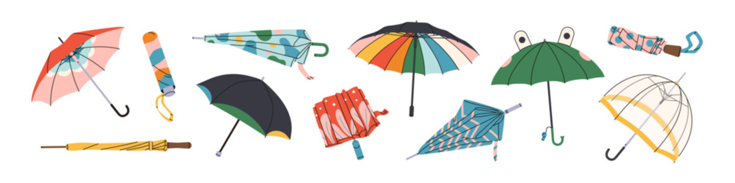 Different types of umbrella set. Straight waterproof canopy, automatic folded brolly. Open parasols, closed gamps. Protection from rain, sunlight. Flat isolated vector illustration on white background