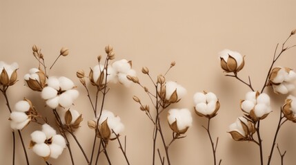 A beautiful cotton branch on a beige background, space for text. Delicate white cotton flowers. Ecotextile. - obrazy, fototapety, plakaty