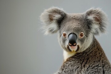 Portrait of koala bear, in front of gray background
