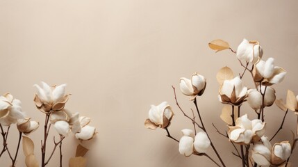 A beautiful cotton branch on a beige background, space for text. Delicate white cotton flowers. Ecotextile.