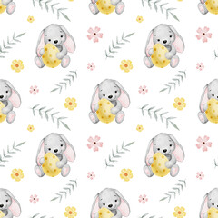 Easter Spring watercolor seamless pattern with Easter rabbit, eggs,flowers, leaves. Print for Easter decorations. Template for Easter cards, covers, poster, invitations, scrapbooking, packaging papers