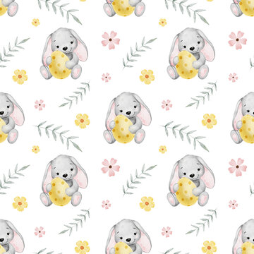 Easter Spring watercolor seamless pattern with Easter rabbit, eggs,flowers, leaves. Print for Easter decorations. Template for Easter cards, covers, poster, invitations, scrapbooking, packaging papers