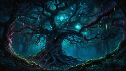 In a mesmerizing neon-noir vibrant forest captured in a dream-like anime painting, the focal point is a mysterious and charismatic creature known as the "Whispering Tree."